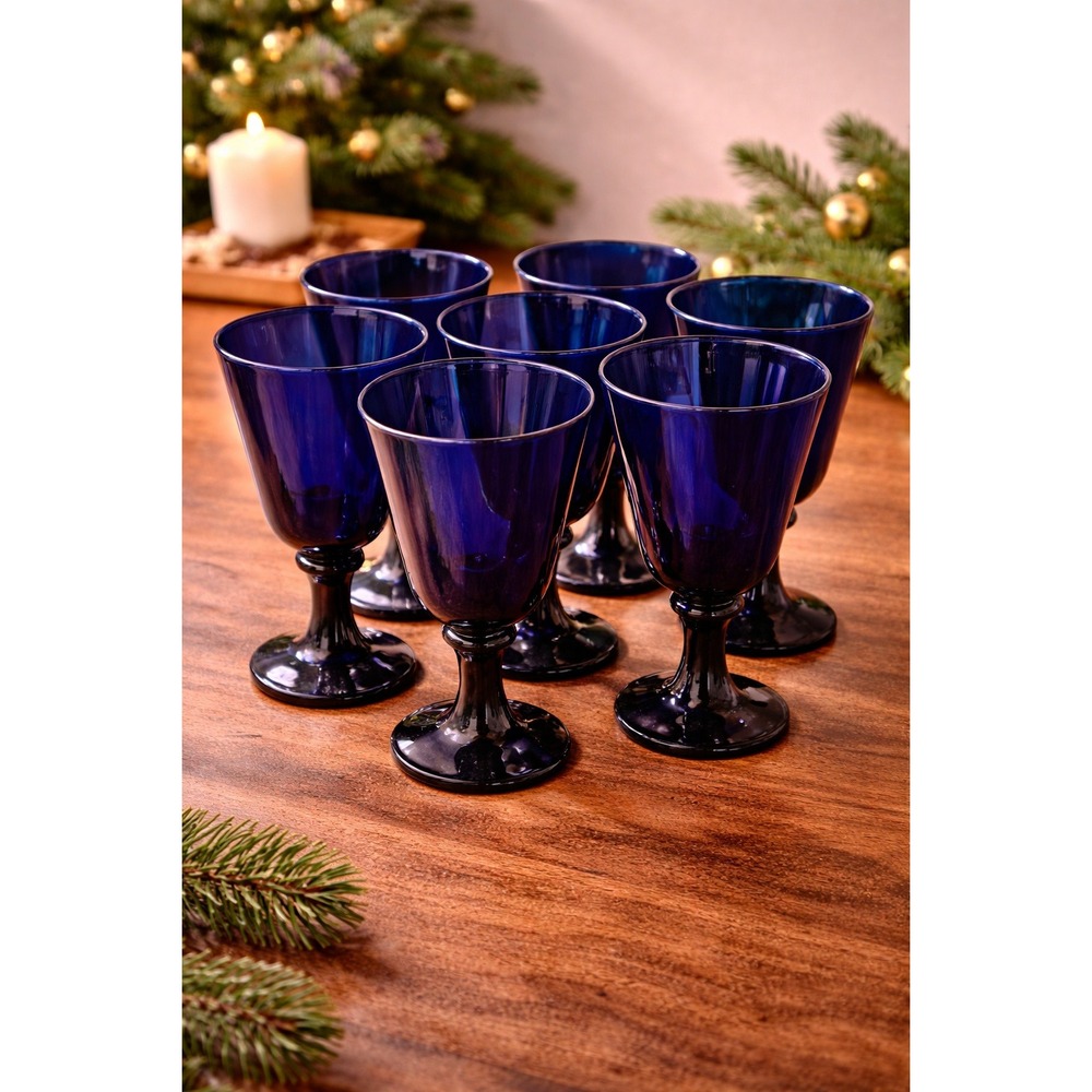 Vintage Cobalt Blue Stemmed Water Wine Goblets Set of 6 Pedestal Glassware
